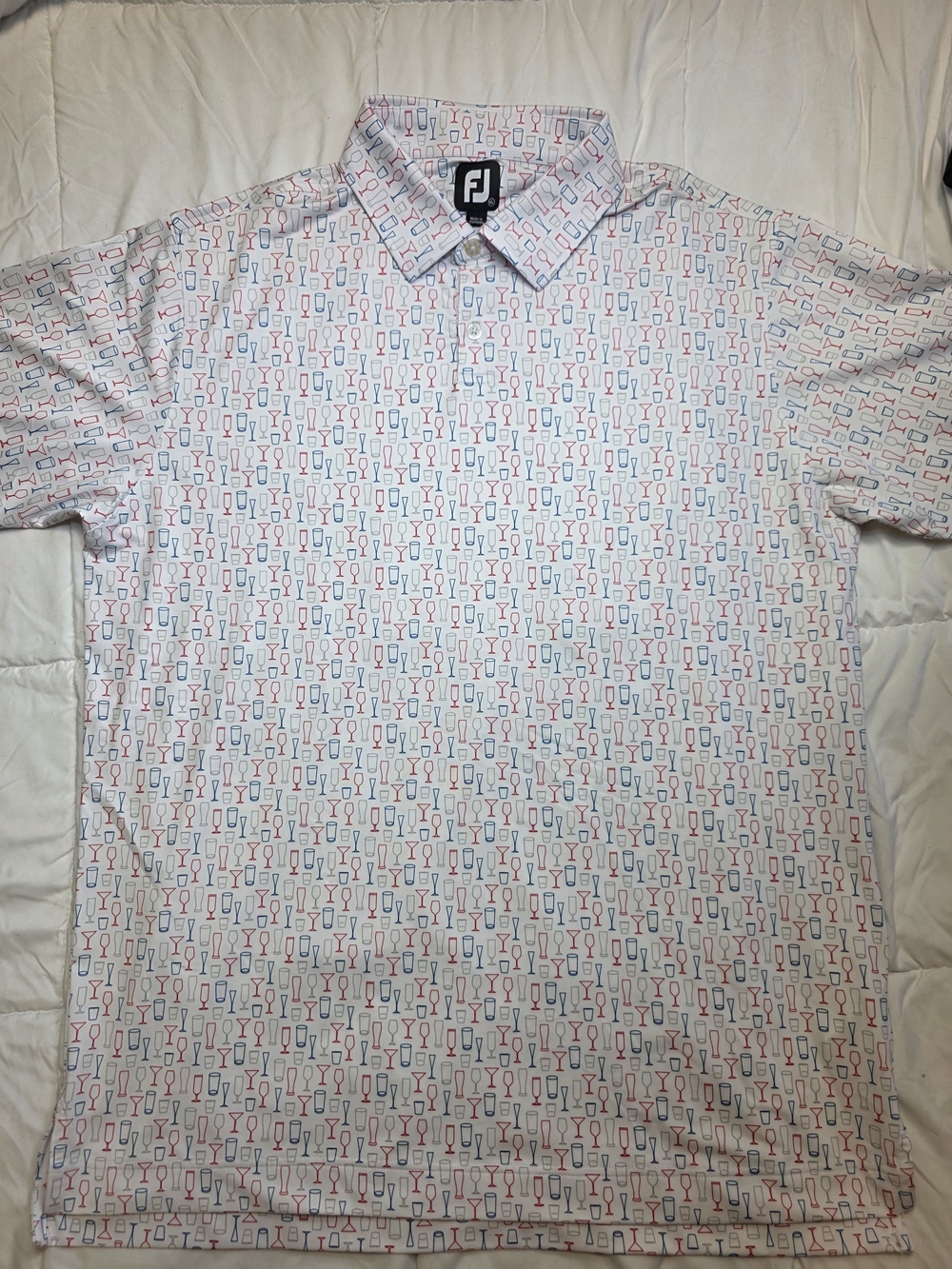 FootJoy White Short-Sleeve Polo Golf Shirt Red & Blue Glass Print Men's Size XL